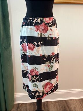 Acting Pro Black and White Striped Midi Skirt with Pink Rose Print